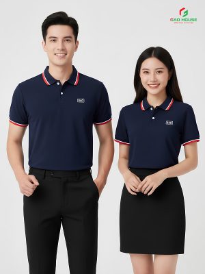 đồng phục doanh nghiệp màu xanh than phối bo cổ trắng đỏ